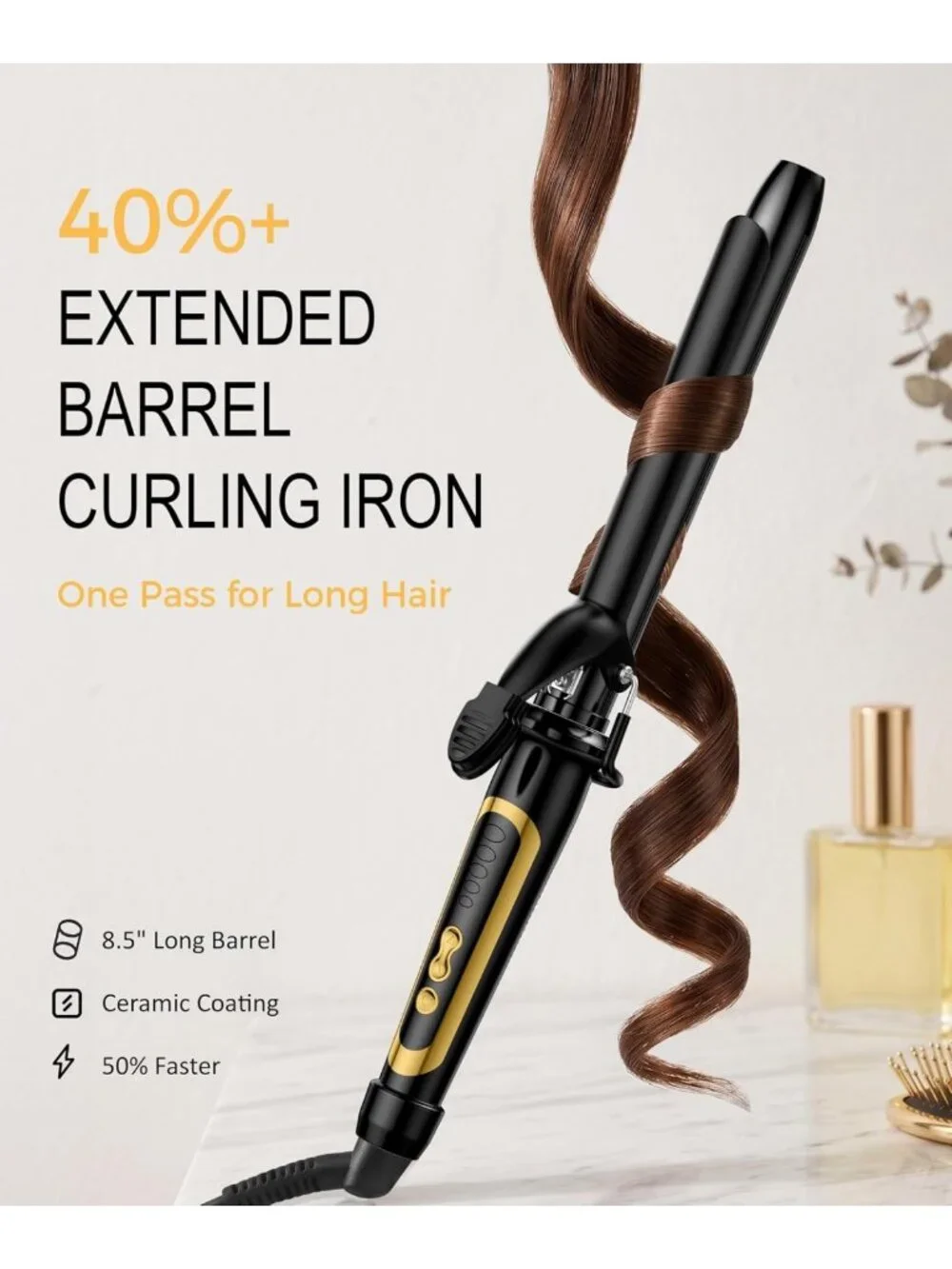 1-Inch Extra Long Hair Curling Iron, Ceramic Tourmaline, Dual Voltage, 450°F